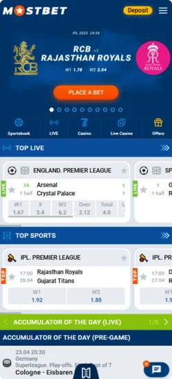 Mostbet app main page