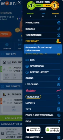 Mostbet app menu